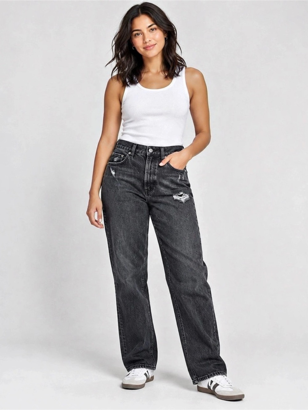 Old Navy High Rise Slouchy Straight Black Distressed Jeans 12 Tall